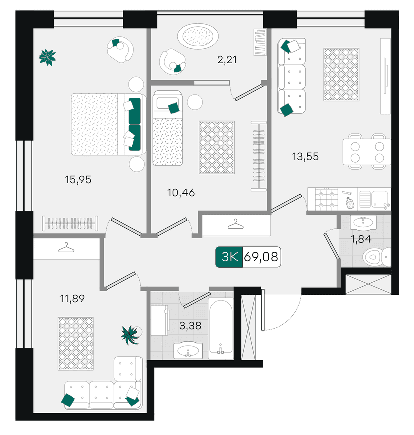 3-комнатная